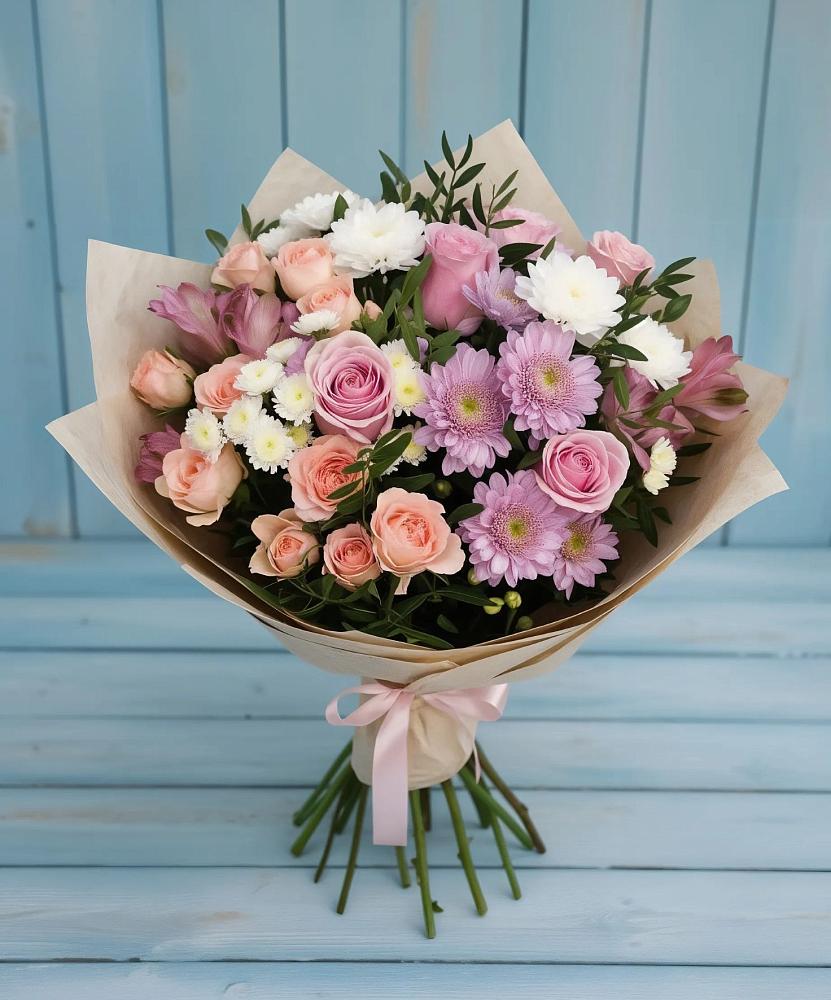 Букет цветов из: Хризантемы, Розы и Альстромерии в Бжедугхабле