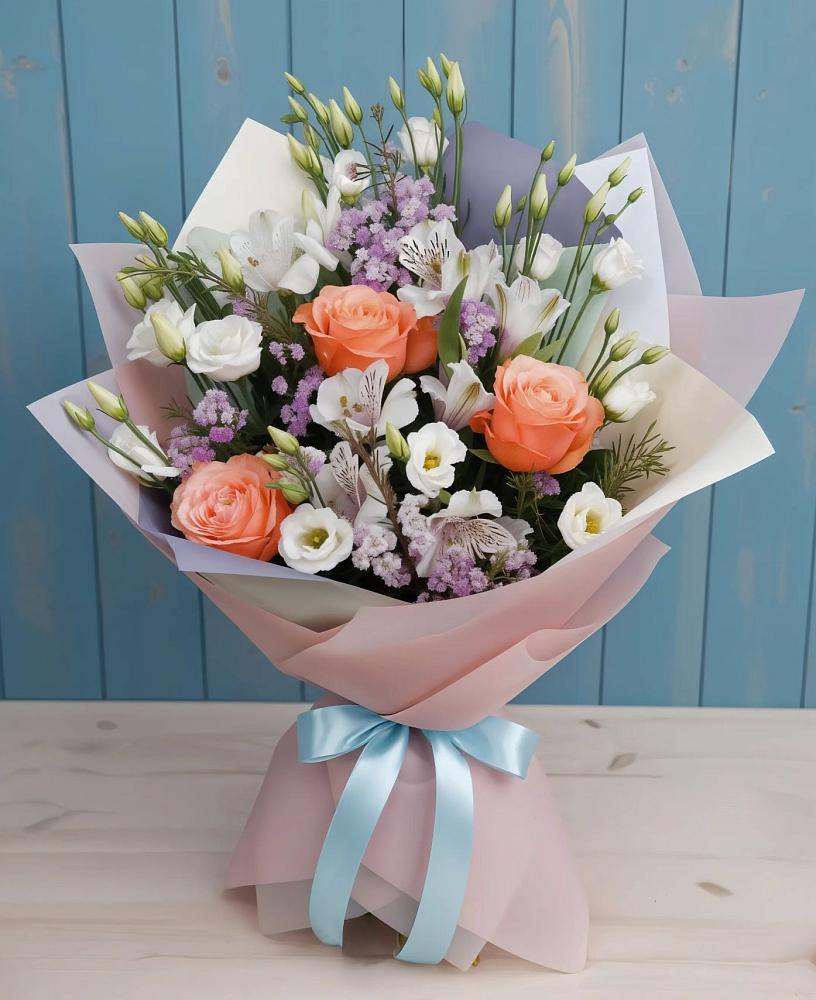 Букет цветов из: Лизиантусы, Розы, Альстромерии и Гипсофила в Бжедугхабле