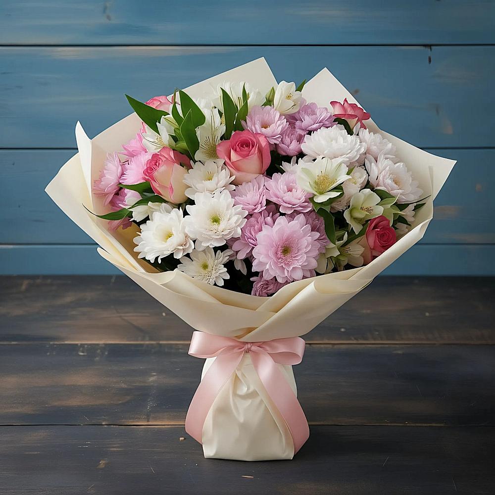 Букет цветов из: Хризантемы, Альстромерии и Розы в Бжедугхабле